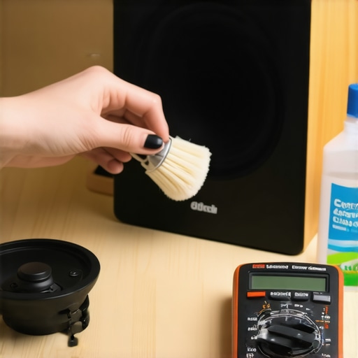 Essential Tools for Speaker and Amplifier Maintenance Cleaning a speaker tweeter with a soft brush and audio maintenance tools nearby