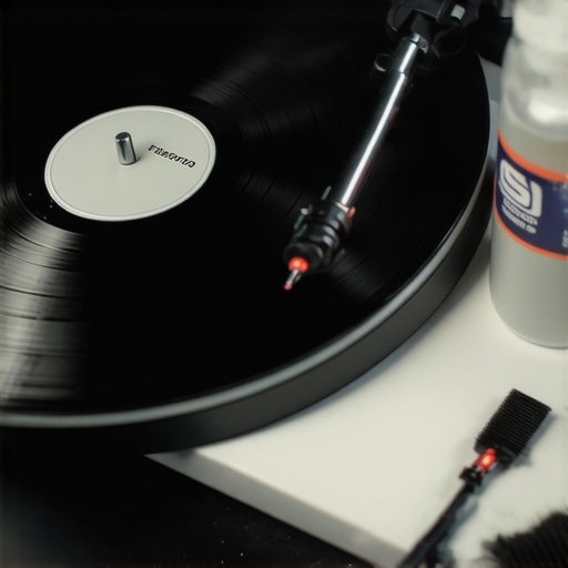 Essential Turntable Maintenance Tools Digital tracking force gauge and cleaning supplies for record player maintenance.