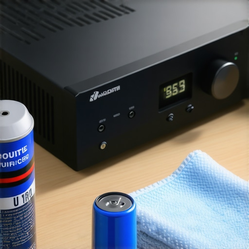 Essential audio maintenance tools for amplifier health Infrared thermometer and contact cleaner being used to maintain a home audio amplifier