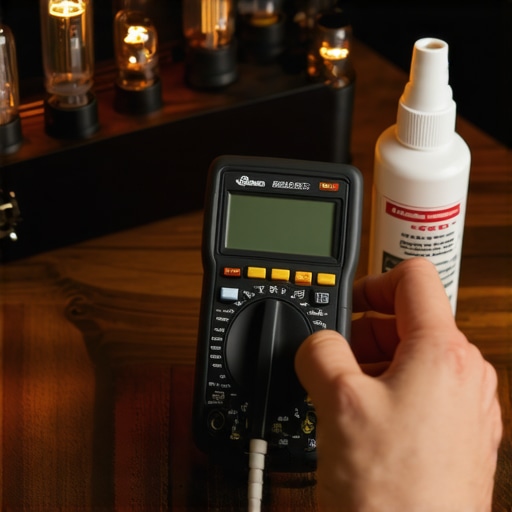 A technician using a multimeter and contact cleaner to maintain a high-end audio system.