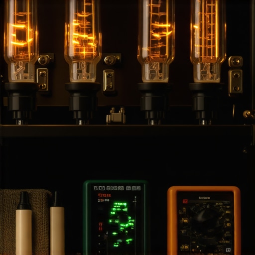 Tools including a multimeter and contact cleaner being used to maintain a high-end vacuum tube amplifier.