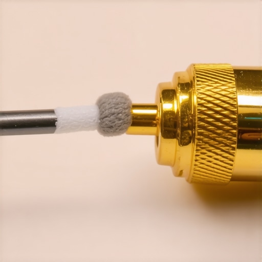 A close-up shot of a cotton swab removing oxidation from an RCA audio plug.
