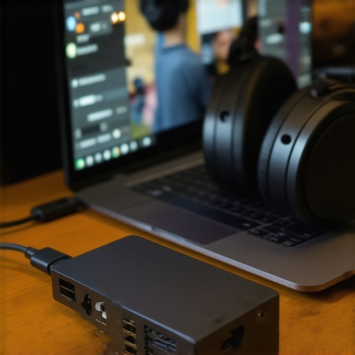 A USB DAC connected to a laptop to eliminate audio lag and improve sound quality.