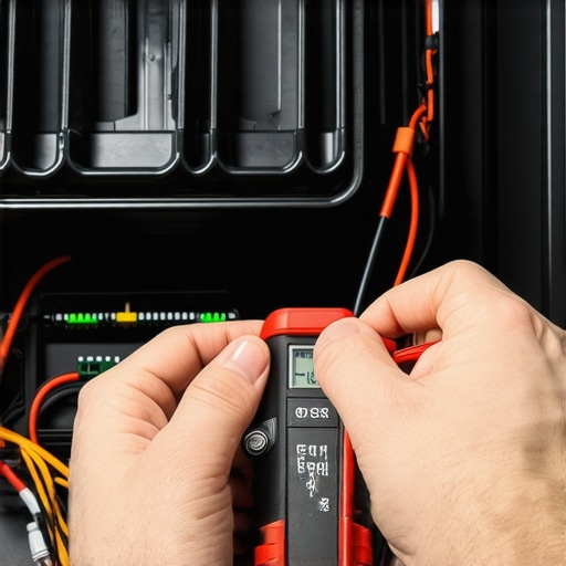 Fine-tuning a car audio system for peak performance Professional car amplifier installation with heavy-gauge wiring being tested with a multimeter