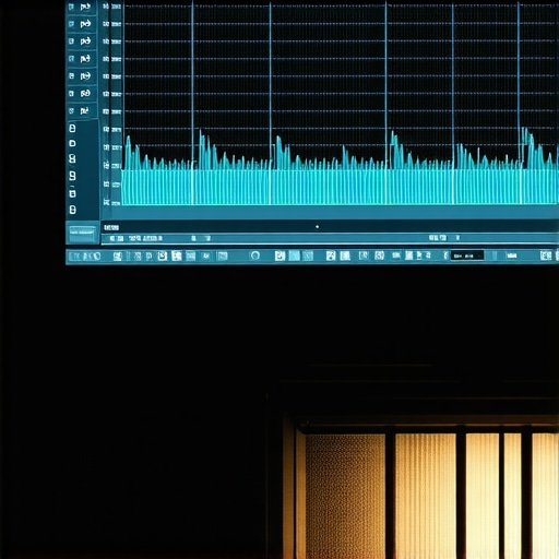 A visual representation of frequency response dips and peaks on an audio analyzer next to a studio speaker.