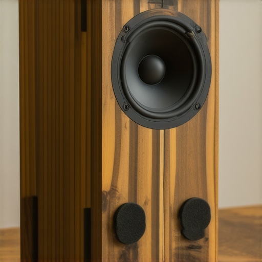 A sturdy homemade wooden speaker stand with isolation pads on a desk