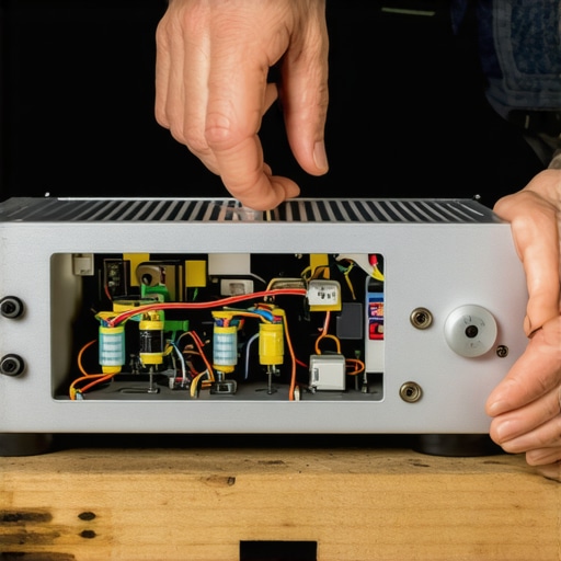 Expert inspecting the rear terminals of a vintage audio receiver for damage.