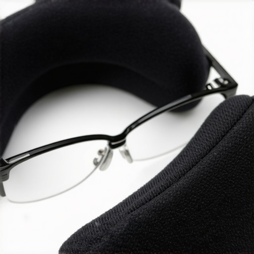 Headphone Pad Compression with Glasses Close-up of memory foam headphone pads molding around glasses frames to maintain bass seal