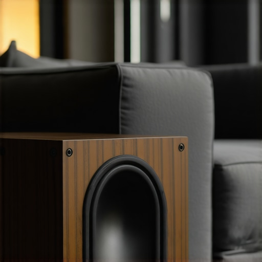 A subwoofer hidden inside a custom wooden end table with breathable fabric panels.