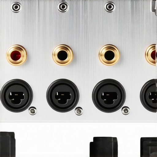 High-End Amplifier Rear Panel Connections Close-up of XLR and speaker terminals on a high-fidelity audio receiver.
