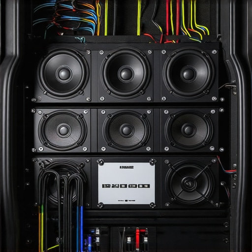 High-End Amplifier Thermal Management Setup Advanced car audio system with cooling fans and professional wire management to prevent overheating.
