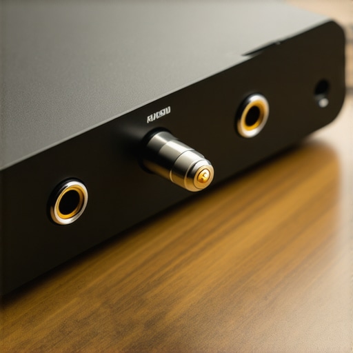 High-End Audio Connection and DAC Close up of a premium headphone jack and amplifier setup on a wooden desk.