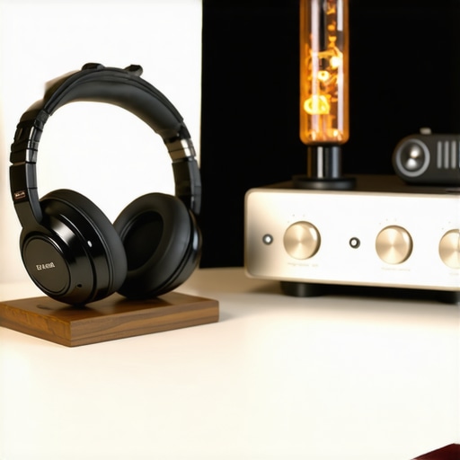 Close-up of audiophile equipment including a DAC and headphone amplifier on a desk