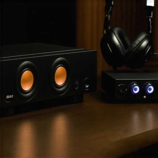 Close up of a desktop headphone amplifier and DAC setup for high-fidelity listening