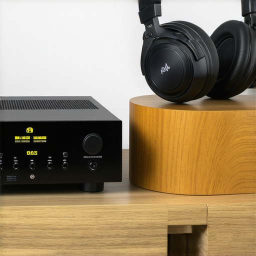 Close-up of a premium external DAC and amplifier on a wooden desk for high-impedance audio equipment.