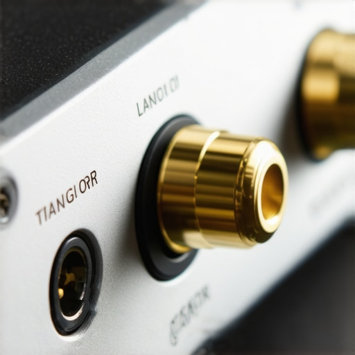Close up of a gold plated RCA cable connecting to an amplifier