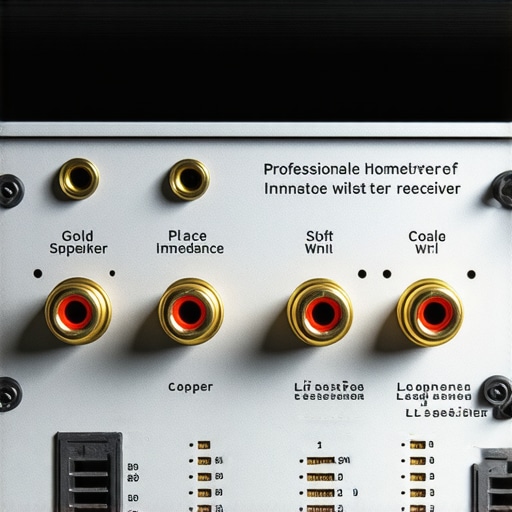 High-End Home Theater Receiver Connectivity Close-up of speaker terminals and amplifier wiring for high-fidelity audio setup