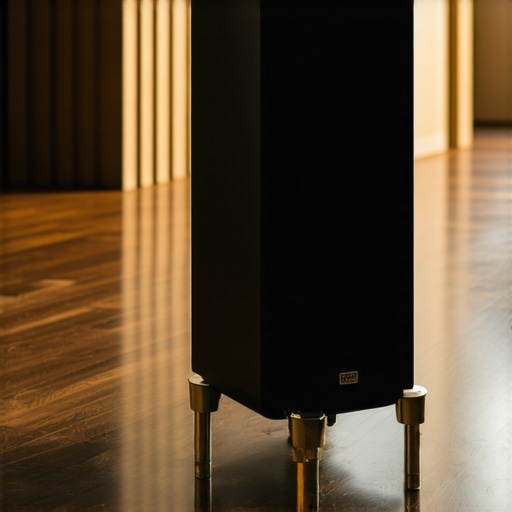 High-End Speaker Isolation Spike and Shoe A premium speaker spike cup protecting a hardwood floor while stabilizing a floorstanding speaker cabinet
