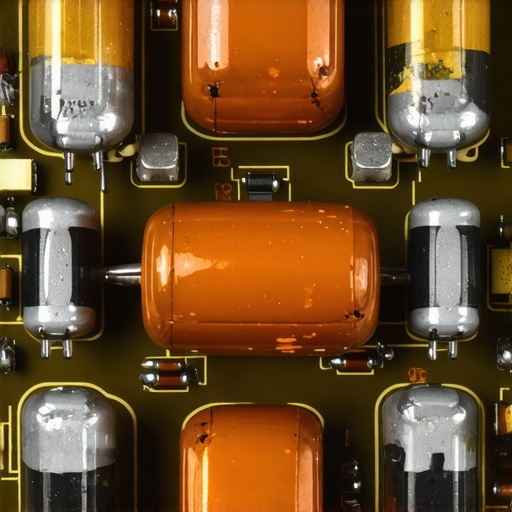 Detailed view of car amplifier capacitors and circuit board filtering electrical noise.