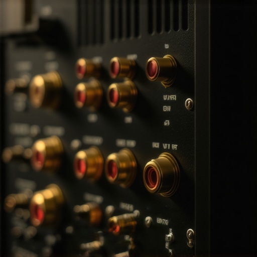 Close-up of a power amplifier showing copper binding posts and professional audio cables.