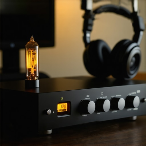 High-end desktop audio DAC and amplifier setup Close-up of a desktop DAC and headphone amplifier on a wooden desk with a warm tube glow.