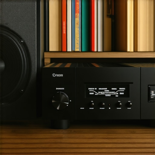 High-end stereo amplifier and vintage speaker setup A high-end stereo amplifier and a vintage wooden bookshelf speaker on a shelf