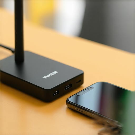 A dedicated Bluetooth transmitter and smartphone on a wooden surface representing wireless audio range solutions.