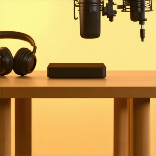 A professional USB condenser microphone and wireless headphones on a desk for better call quality