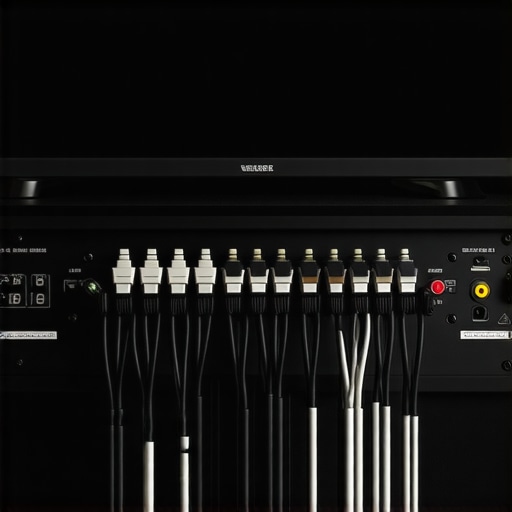 Properly organized power and audio cables behind a media console to prevent signal interference.