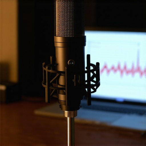 A professional audio calibration setup using a measurement microphone and software to analyze speaker performance.