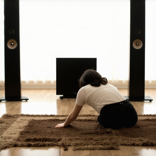 Improving home audio acoustics with a floor rug A person placing a rug in front of speakers to reduce sound reflections
