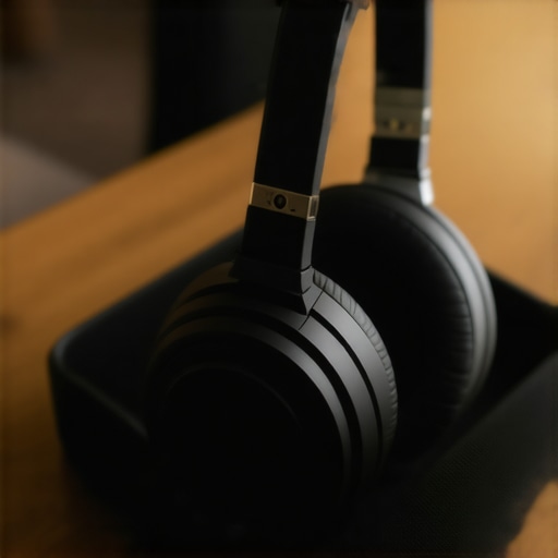 A close-up of a person physically inspecting the hinges and ear pads of a pair of open-box headphones on a desk.