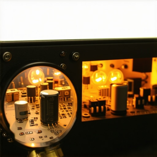 A person using a magnifying glass to check for capacitor leaks in a vintage stereo amplifier.