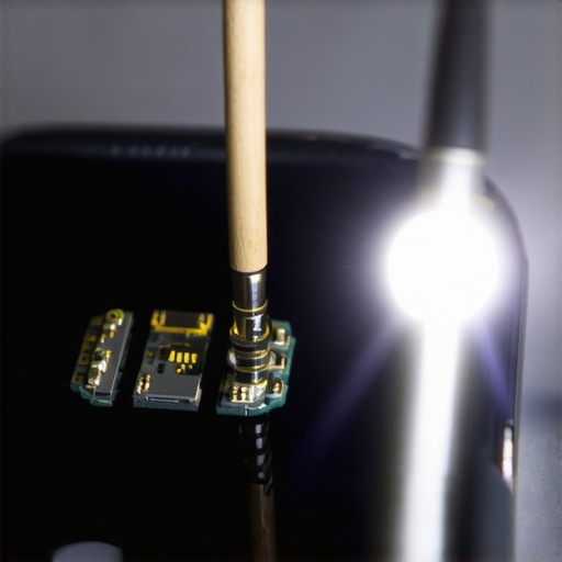 A close up of a person using a toothpick to maintain an audio port on a mobile device.