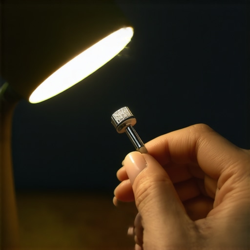 Inspecting wireless earbud mesh under warm light A close-up view of a wireless earbud nozzle being inspected for cleanliness under a lamp