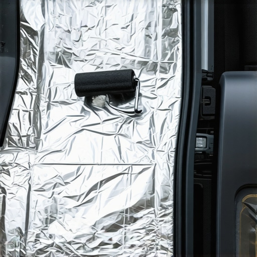 Silver sound deadening sheets applied to the interior metal of a car door to reduce vibrations.