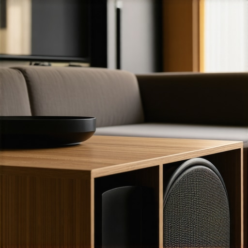 Integrated Subwoofer Furniture Design A subwoofer hidden inside a custom wooden cabinet with a breathable mesh front.
