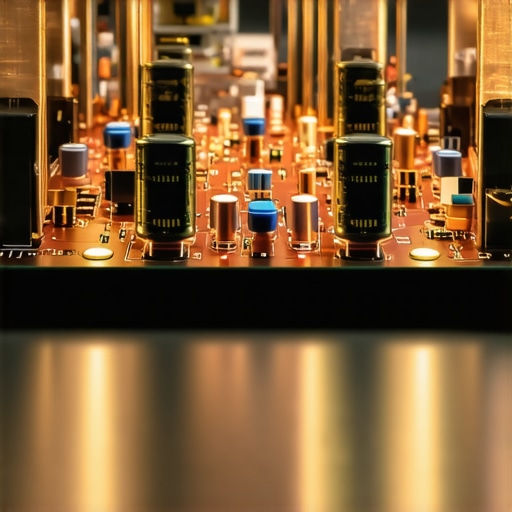 Internal Circuitry of a Premium Audio Amplifier Close-up of internal copper circuits and capacitors inside a high-end audio amplifier.