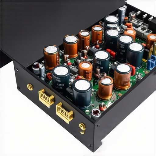 Close up of an amplifier circuit board showing capacitors and electrical components.