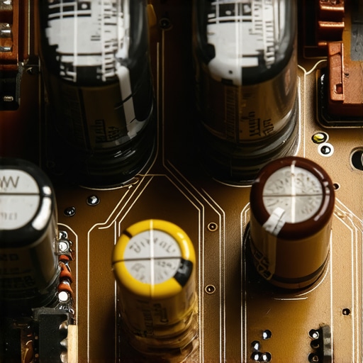 Macro view of vintage amplifier capacitors and circuitry showing heat-sensitive components.