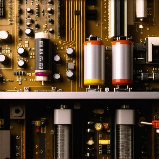 Close-up of the dusty interior and heatsinks of a classic vintage amplifier.
