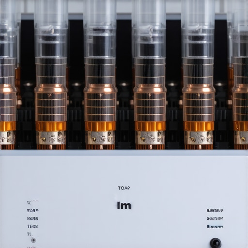 Close-up view of mechanical relays inside a stereo amplifier used for volume control.