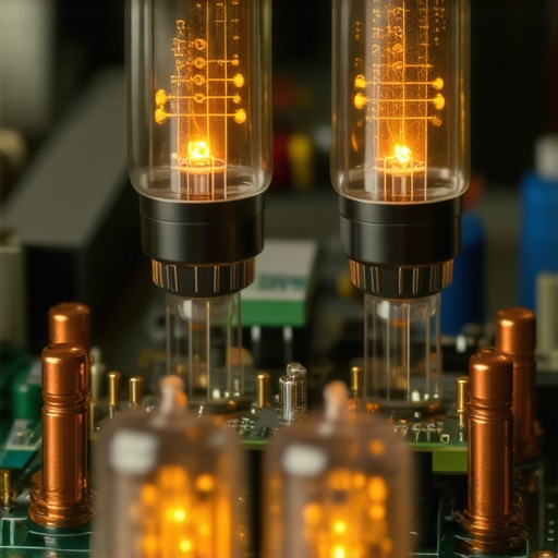 Close-up of vacuum tubes and internal circuitry of an audio amplifier.