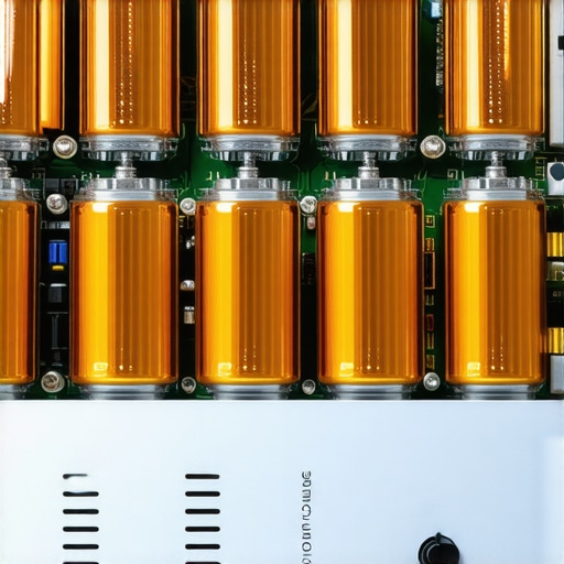 Close up of capacitors and heat sinks on a circuit board