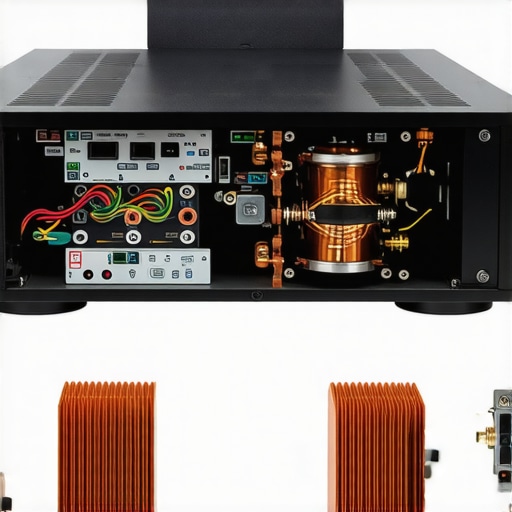Close up of the internal transformer and capacitors of a home audio receiver