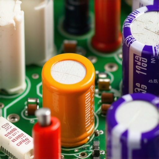Macro view of a CD player circuit board with a laser power adjustment screw and capacitors.
