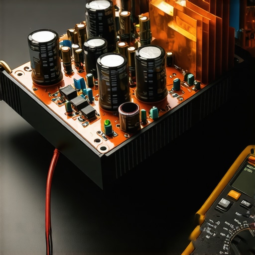 Close up of car amplifier internal components and heat sinks