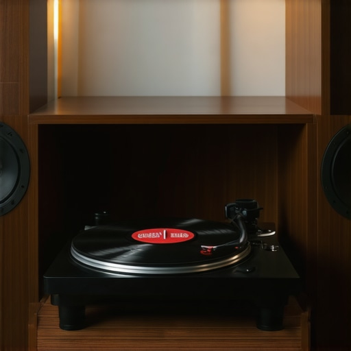 Isolated Turntable and Speakers Setup A properly isolated vinyl turntable setup with speakers on separate stands to prevent vibration feedback