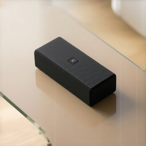 A portable speaker sitting on a silicone isolation pad to prevent glass table vibrations.