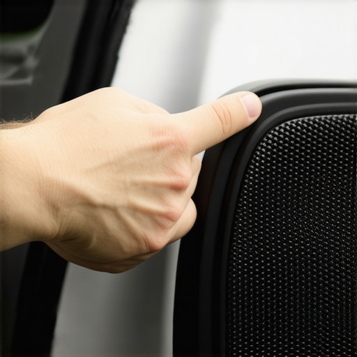 Locating Car Door Vibrations by Hand A person pressing a hand on a car door panel to pinpoint the source of a speaker rattle.